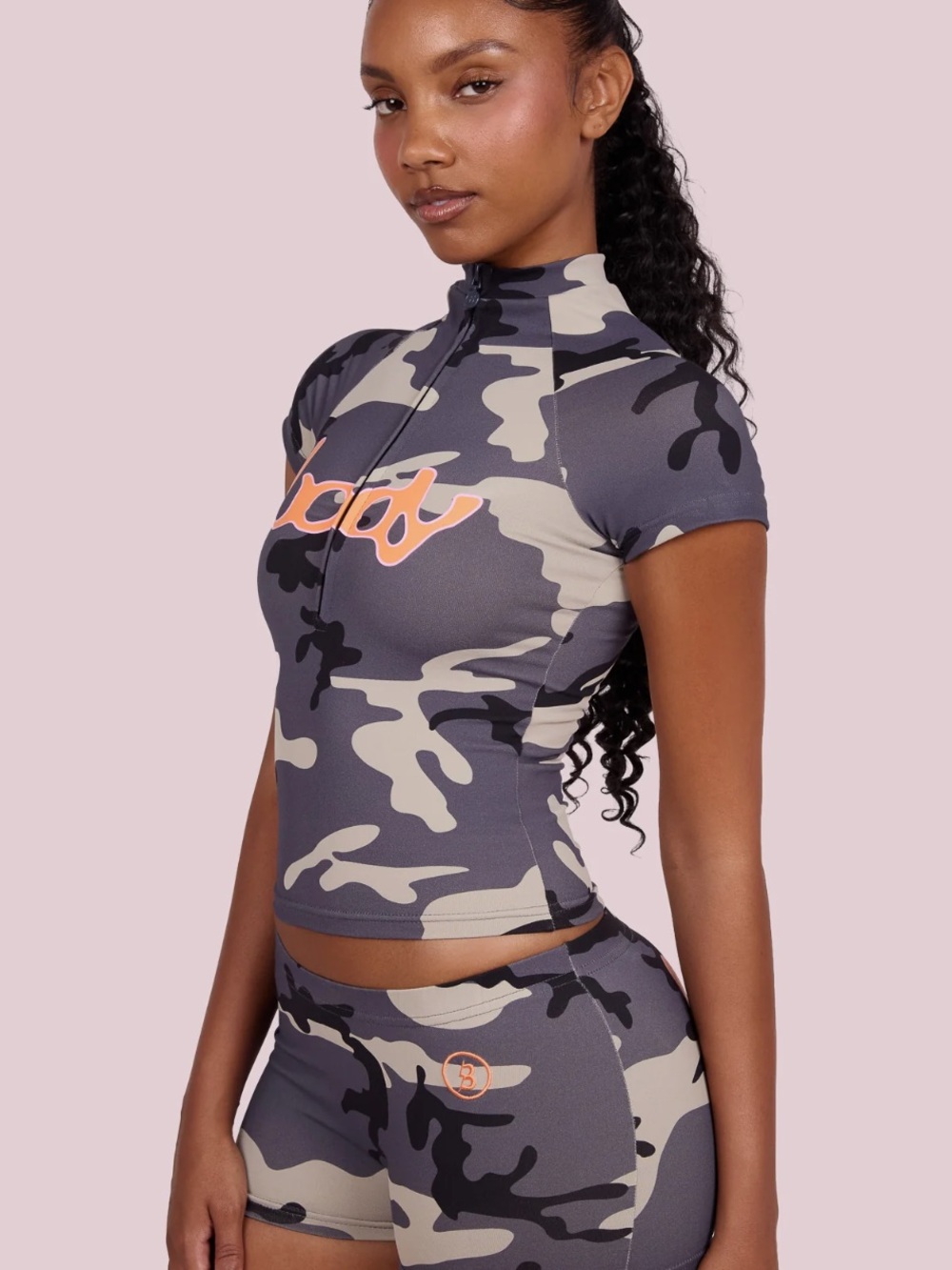 BodybyRavenTracy
 Gray Camo Short-Sleeve Zip Crop Top/shirt set